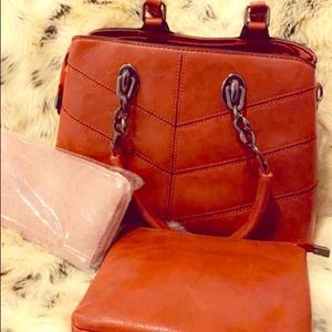 Set of 3 brand new handbag set: red brown leather